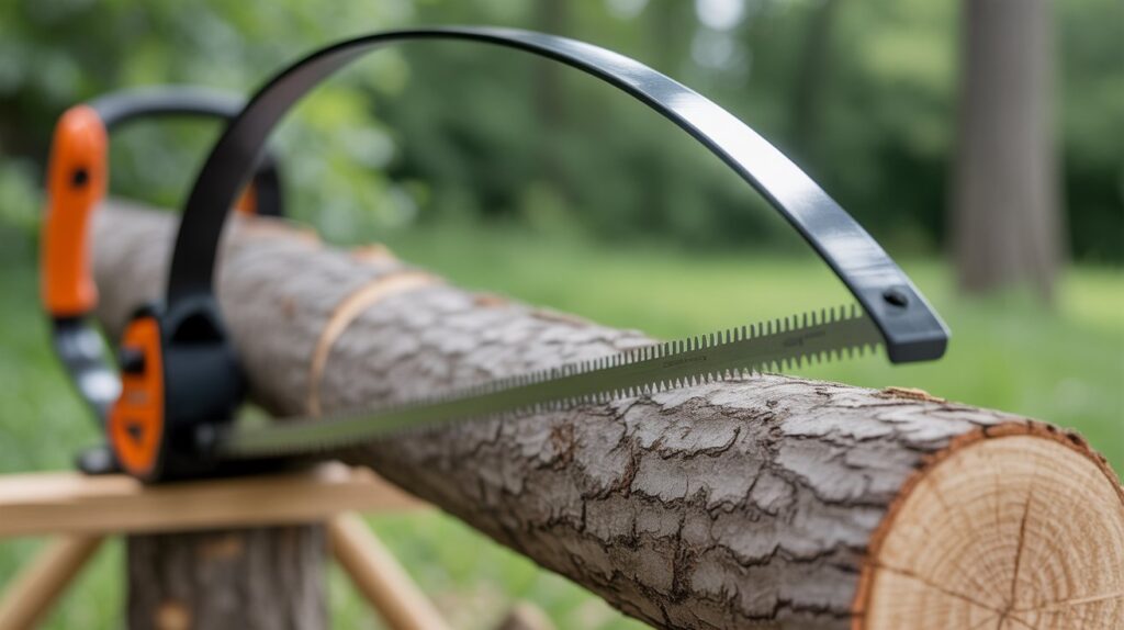 Hand Saw Guide showing a bow saw with a metal frame for cutting logs and branches.