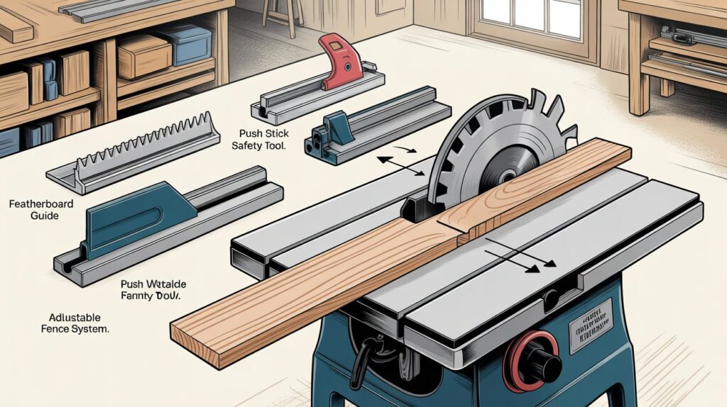 Table saw with stock guides, featherboard, and push stick safety tool.