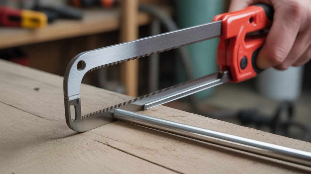 Hand Saw Guide showing a hacksaw with a C-shaped frame for cutting metal and plastic.