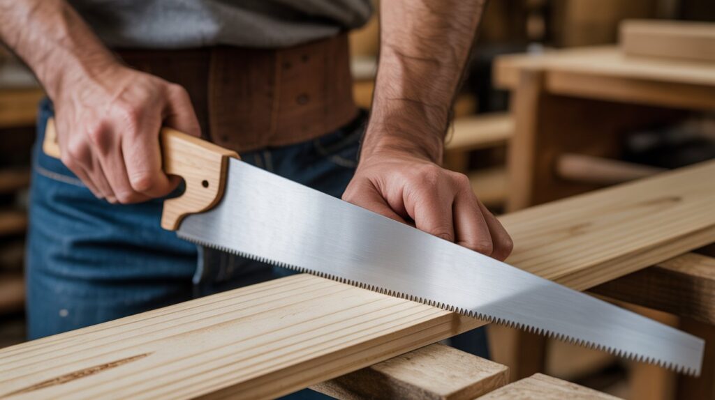 Hand Saw Guide showing a Japanese saw used for precise pull-stroke cutting.