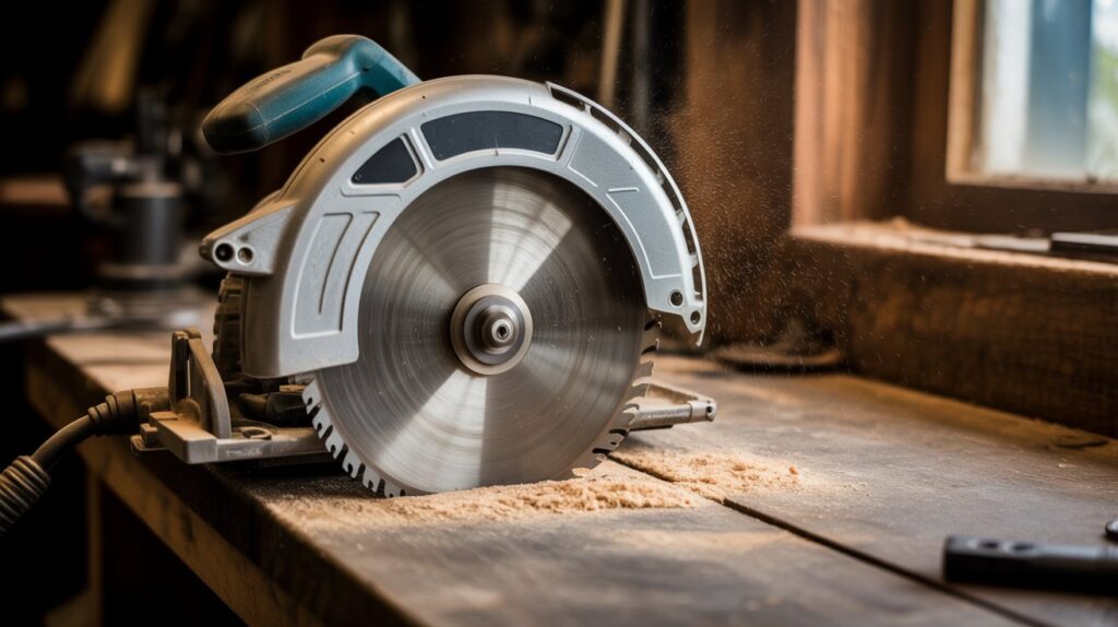 Circular saw cutting wooden board with spinning blade for carpentry work.