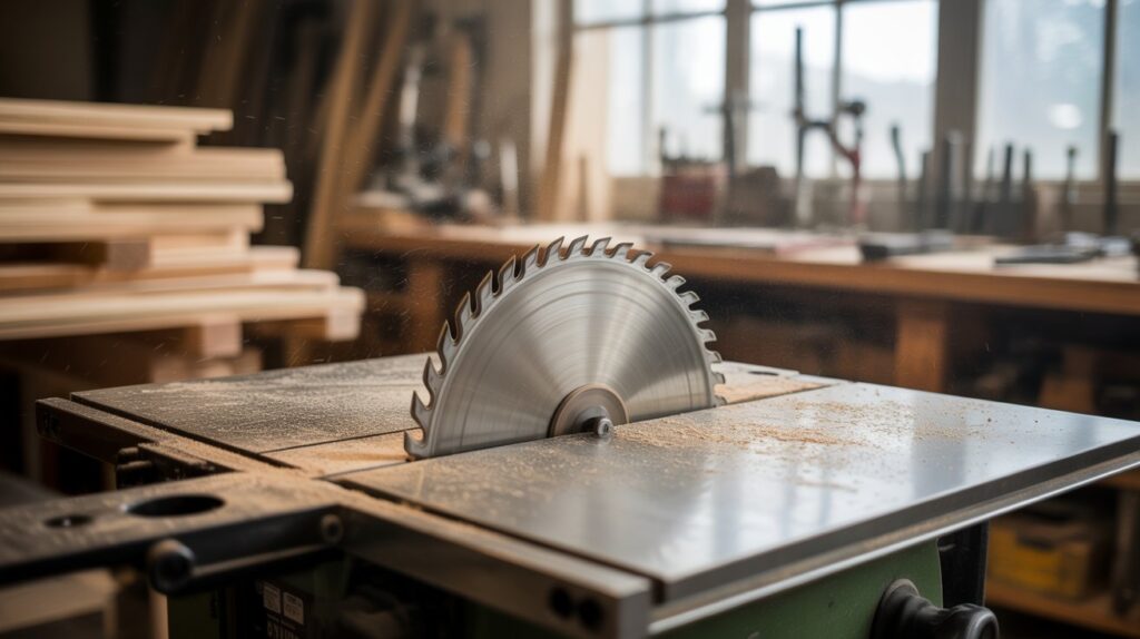 Table saw making a clean straight cut on a wooden board in a workshop setting