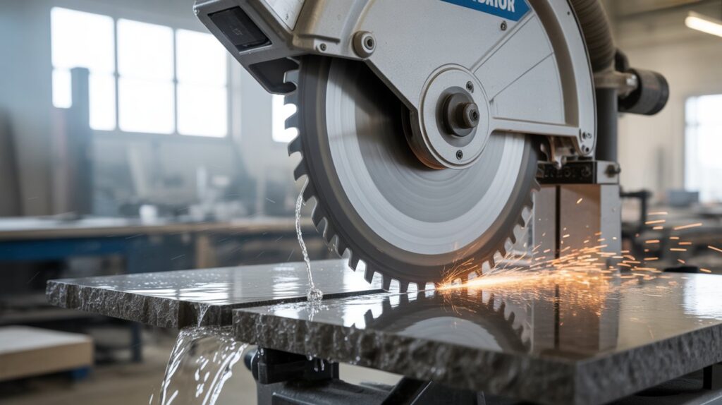 Wet tile saw cutting ceramic tile with diamond blade and water cooling system.