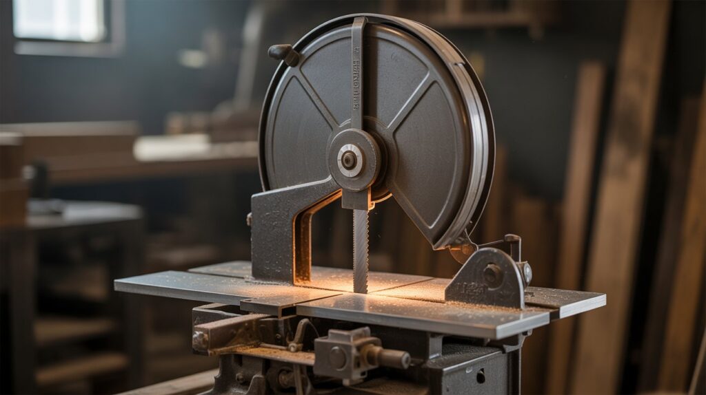 Band saw cutting thick wood piece with continuous looped blade in workshop.
