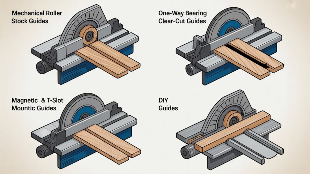 Types of stock guides for a table saw