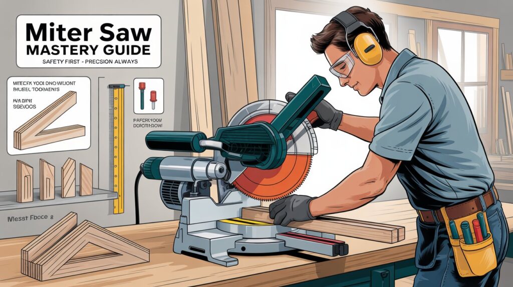 How to use miter saw. Man using a miter saw in a workshop wit safety gear