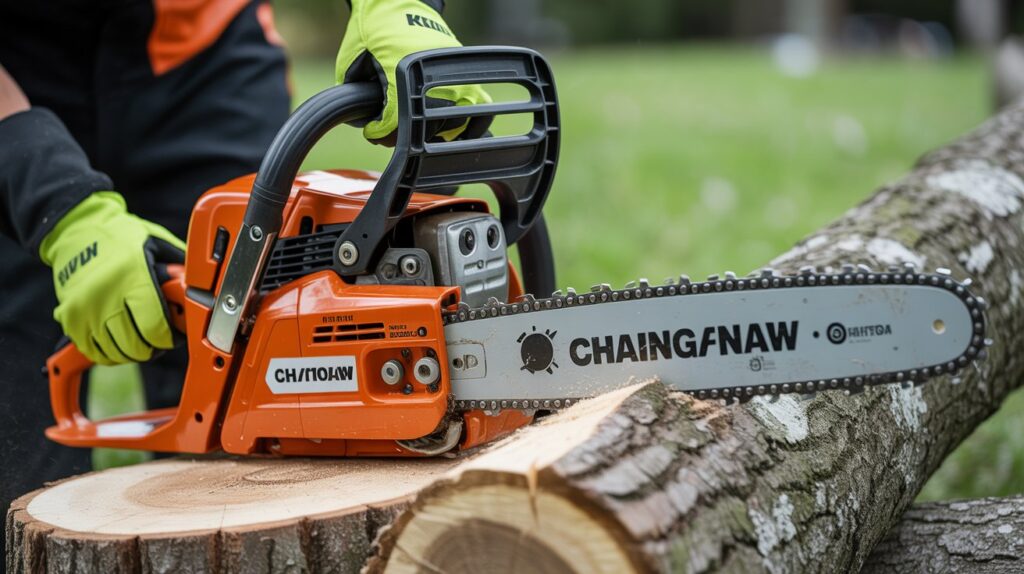 Chainsaw cutting tree log outdoors for landscaping or woodcutting.