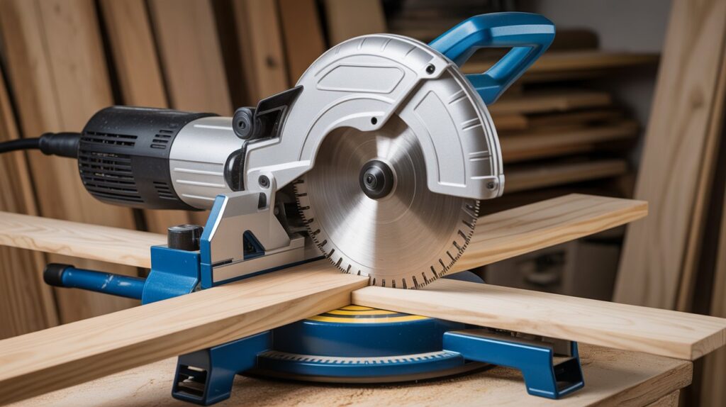 Miter saw making precise angled cut on wooden molding for furniture framing.