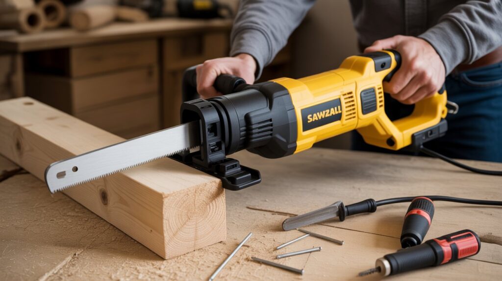 Reciprocating saw cutting metal pipe during demolition work.