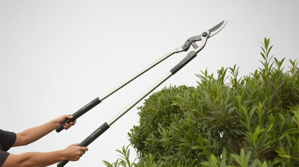 Long-reach pruning shears trimming tall shrubs.