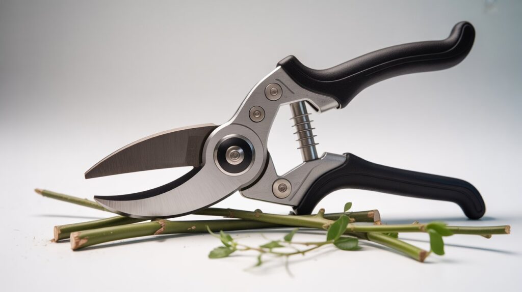 Ratchet pruning shears cutting thick branches with ease.