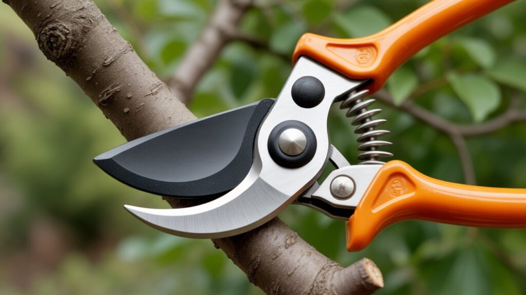 Anvil hand pruners cutting dry branches, showing what are the best hand pruners for tough wood.