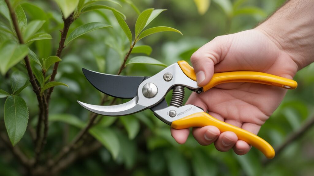Bypass pruners shown cutting live stems, illustrating what are the best hand pruners for clean cuts.