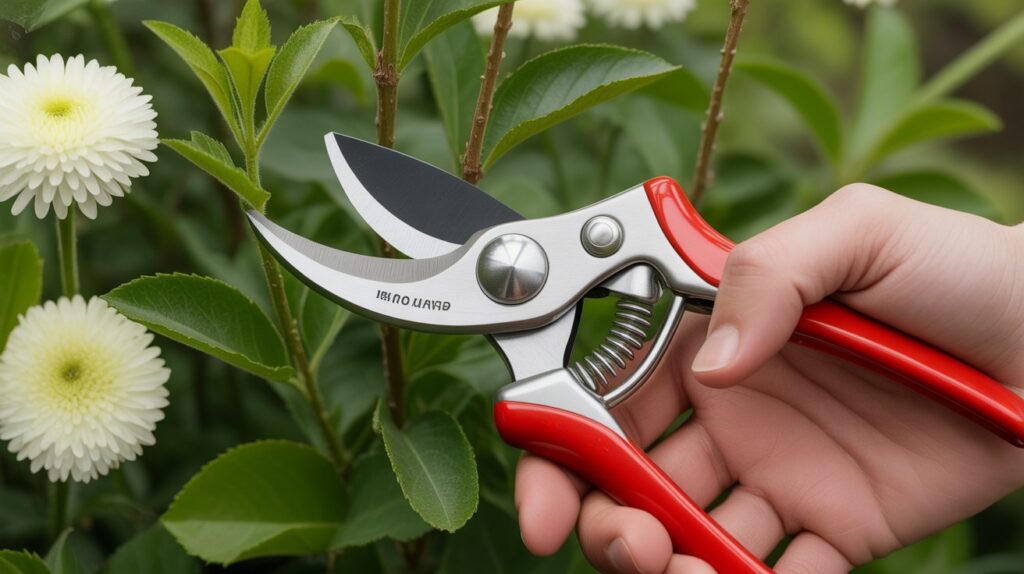 Bypass pruning shears cutting live plant stems.