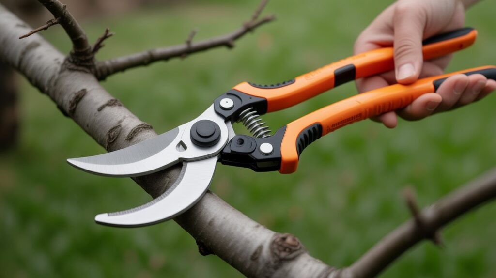 close-up of hands cutting tree branches with a branch tree cutter
