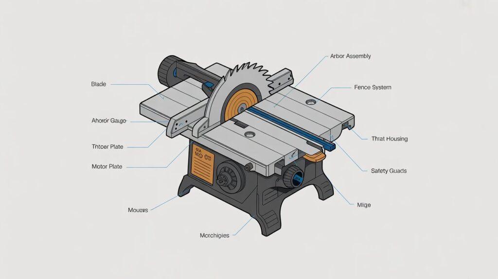 Diagram showing table saw parts and their functions
