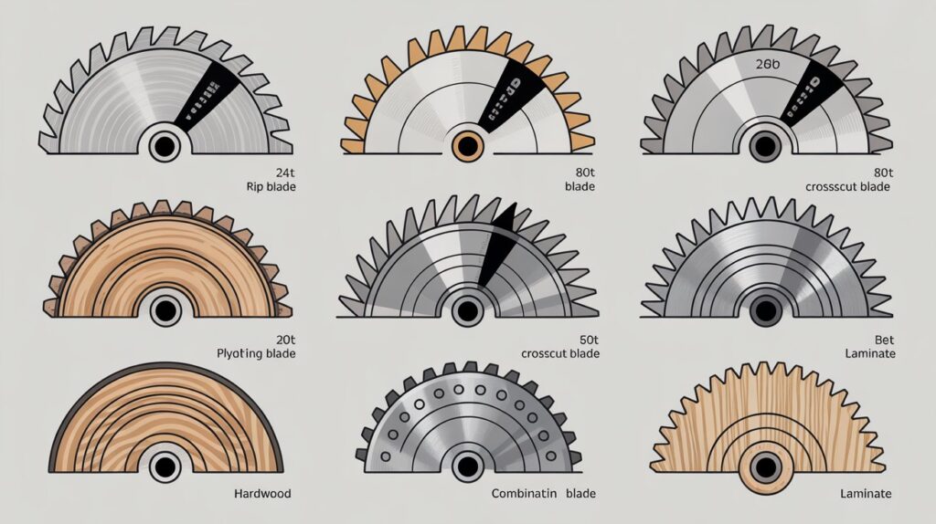 Table saw blades comparison showing tooth count, kerf width, and blade material