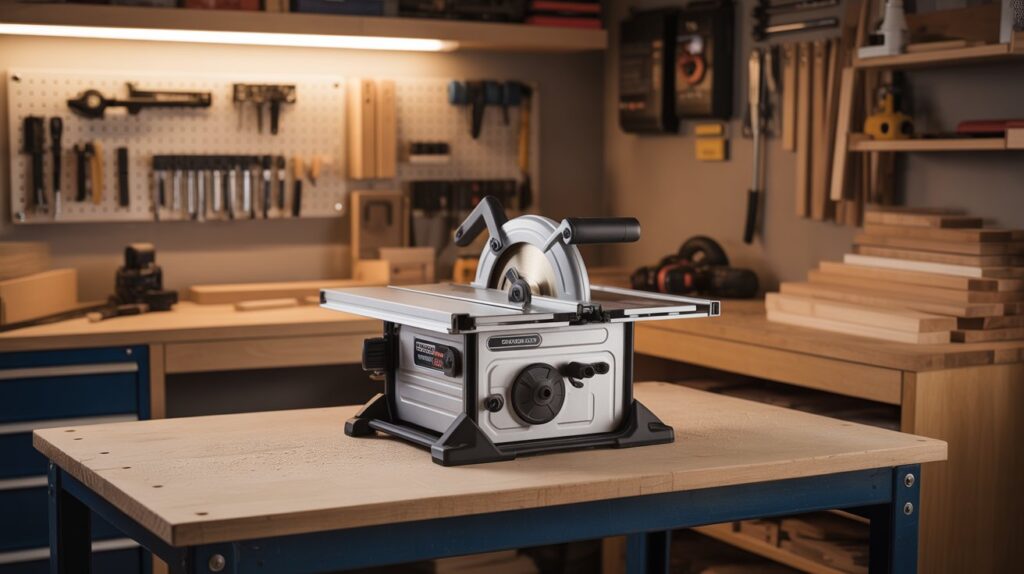 Benchtop table saw in a compact home workshop setup