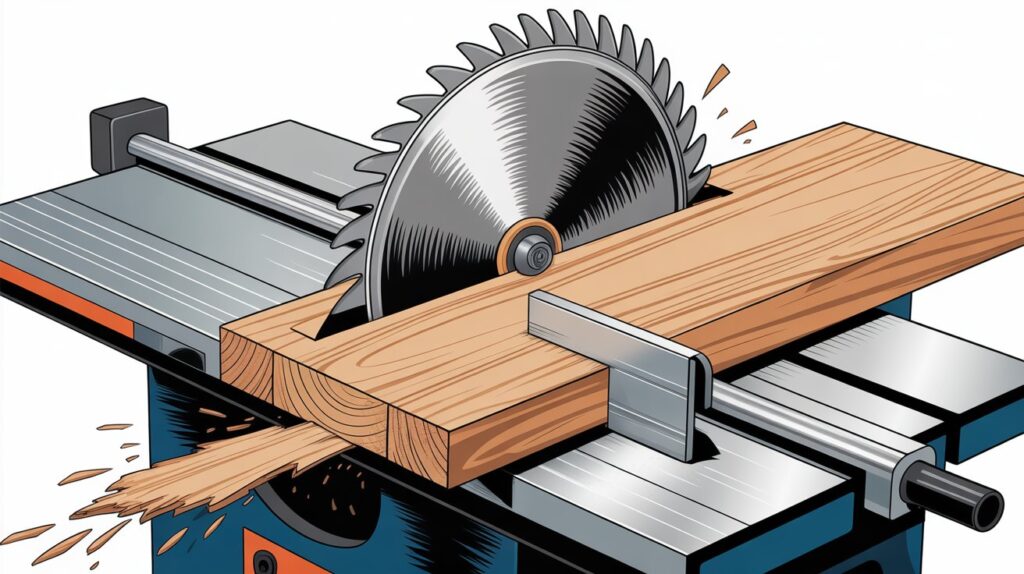 How is wood cut when ripping with a table saw using a rotating blade