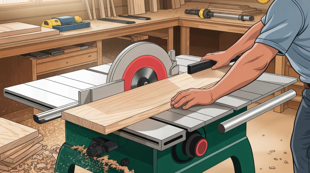 How is wood cut when ripping with a table saw for clean rip cuts