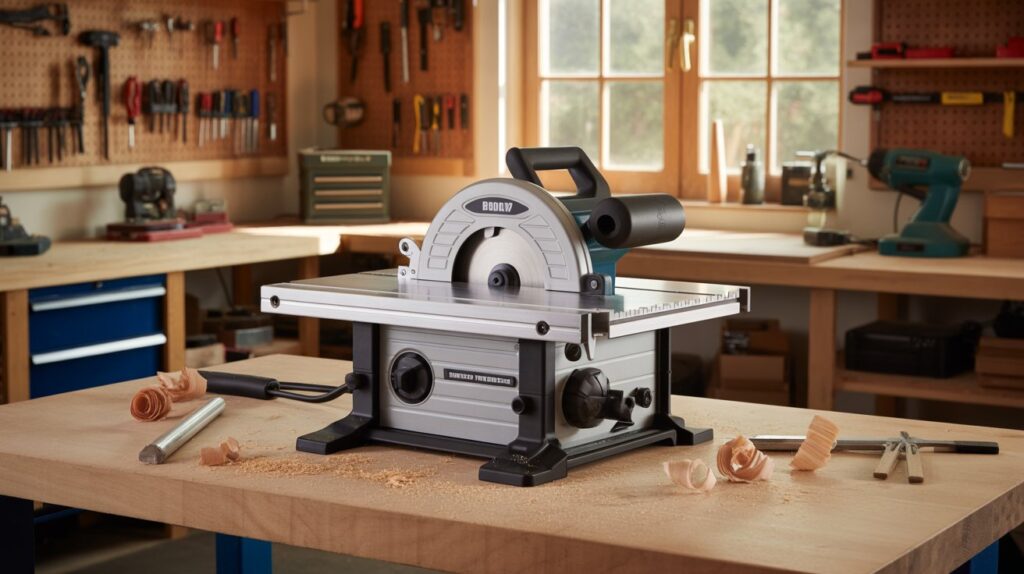 Benchtop table saw used for accurate wood cutting in a small home workshop