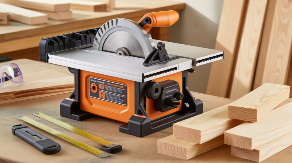 Benchtop table saw for beginners practicing accurate woodworking cuts