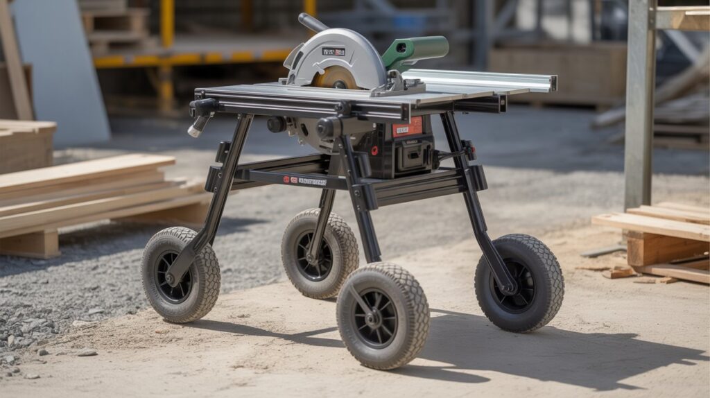 Stand for table saw moving across job