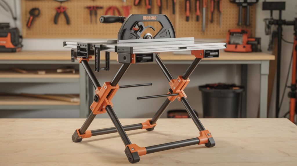Stand for table saw folded for compact storage
