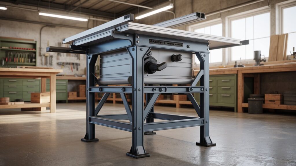 Stand for table saw in a fixed workshop setup