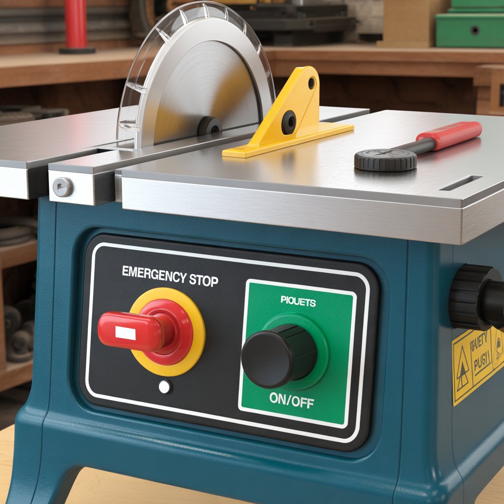 Table saw components power switch and emergency stop for safe and controlled cutting.