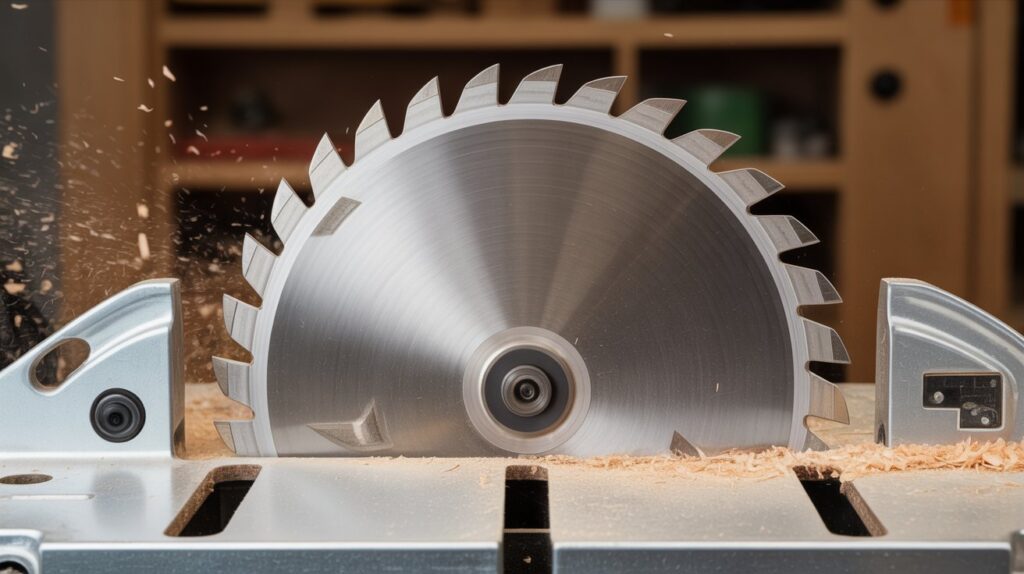 Table saw components blade installed on arbor for precise and safe cutting.