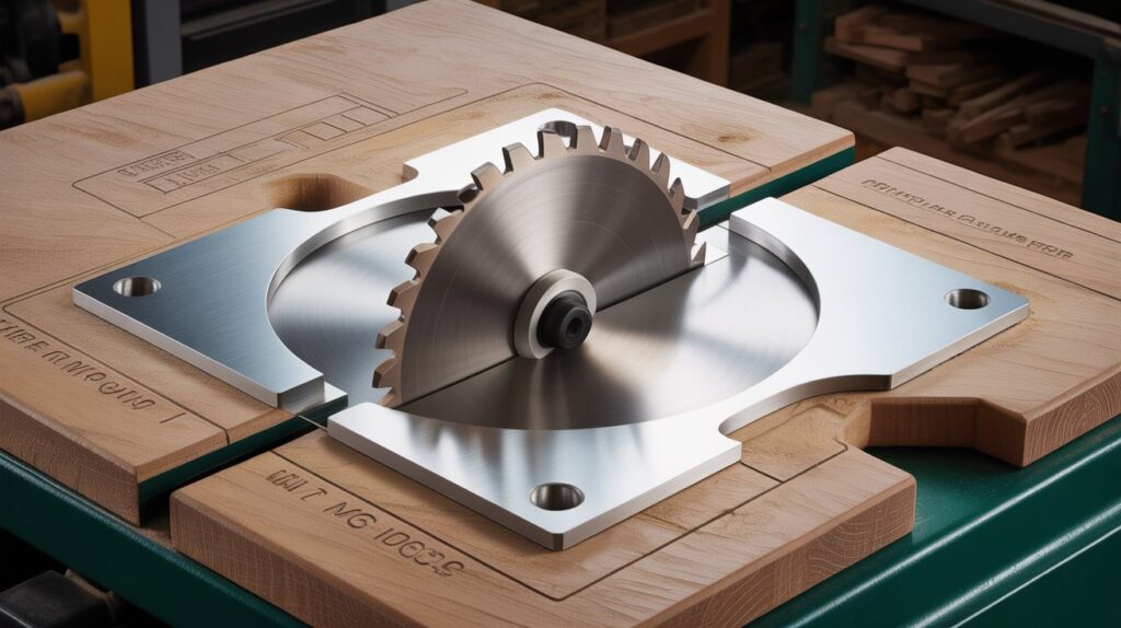 Table saw components throat plate stabilizing workpiece for precise and safe cutting