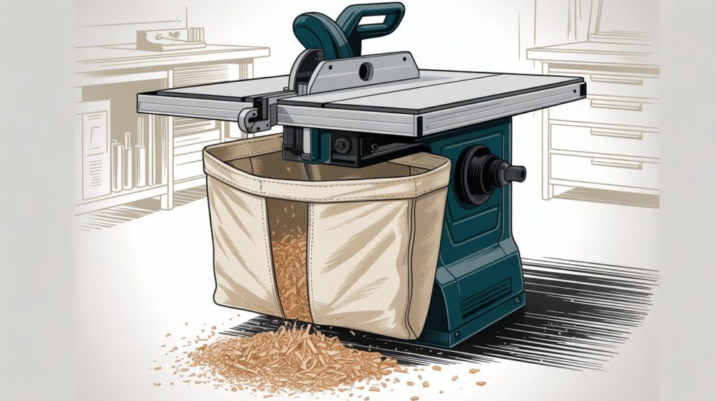 Table saw dust collection bag capturing debris for basic tablesaw dust collection