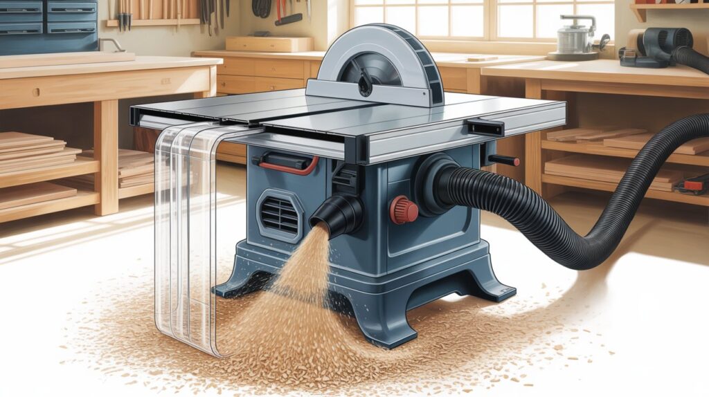 Table saw components dust collection port removing sawdust for safe and precise cutting