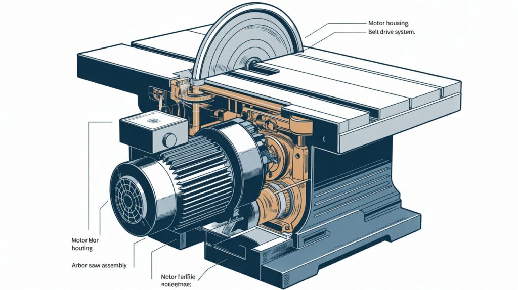 Table saw components motor powering blade for precise and safe cutting