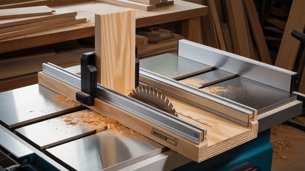 Cross cut sled for table saw used for accurate and safe woodworking cuts