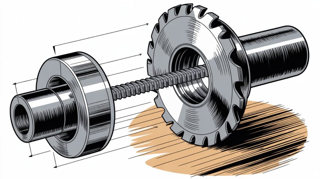 Table saw components arbor nut and washer securing blade for stable and precise cutting.