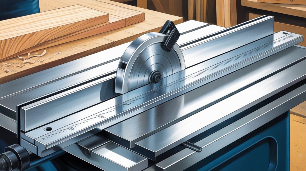 Table saw components fence rails supporting rip fence for precise and safe cutting.