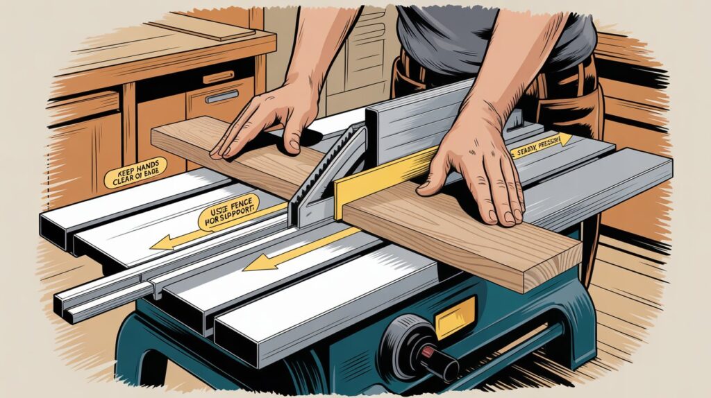 Cross cut sled for table saw showing proper alignment and safe cutting technique