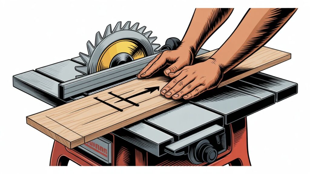 How is wood cut when ripping with a table saw using proper board control