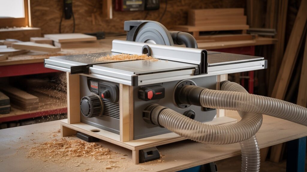 DIY tablesaw dust collection setup using homemade enclosure and shop vacuum