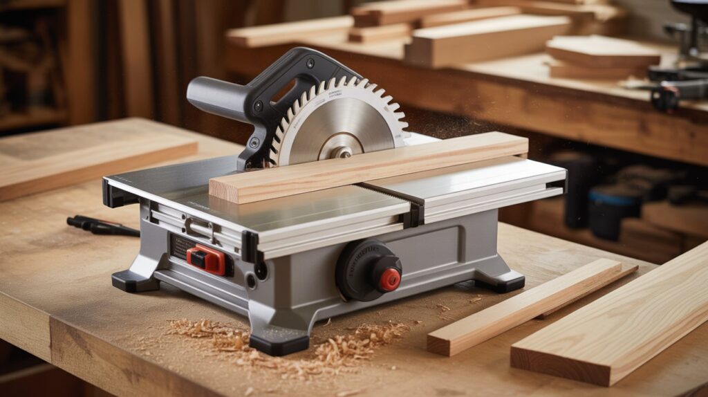 Benchtop table saw used as a portable tool for professional job sites