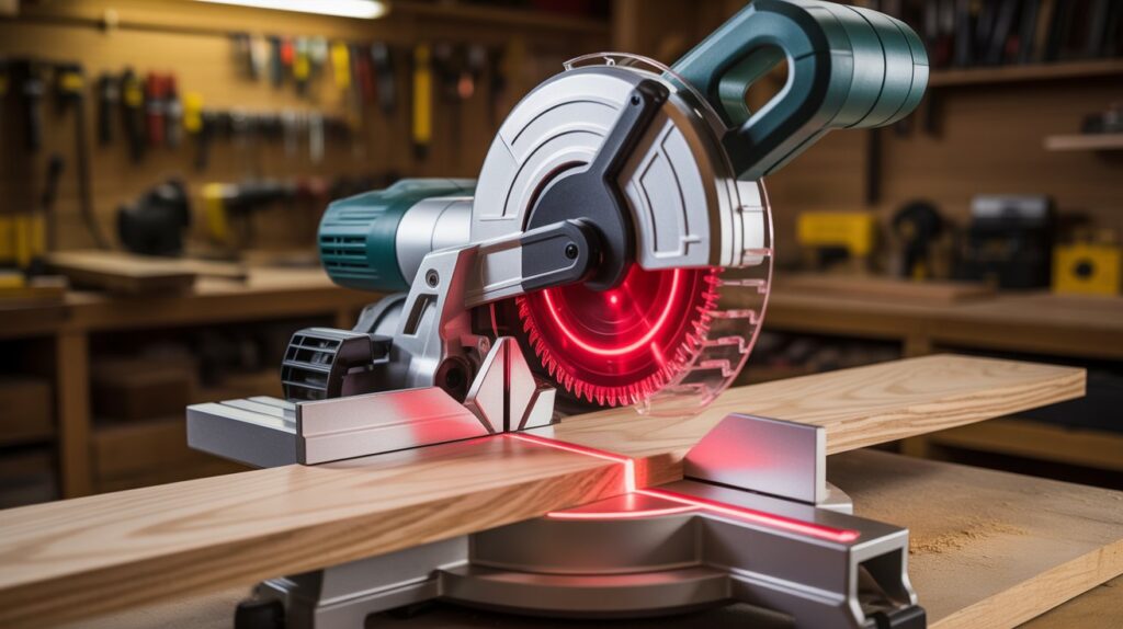 **Alt text:**
Laser-guided types of miter saws showing accurate cutting path for precise woodworking cuts
