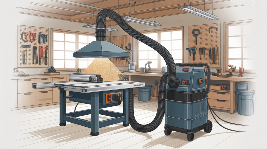 Miter saw dust collection setup with vacuum, hood, and cyclone separator system