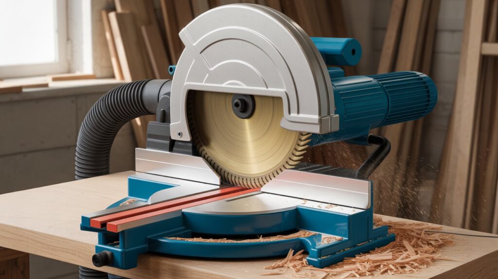 Miter saw dust collection hood installed behind blade for better dust control