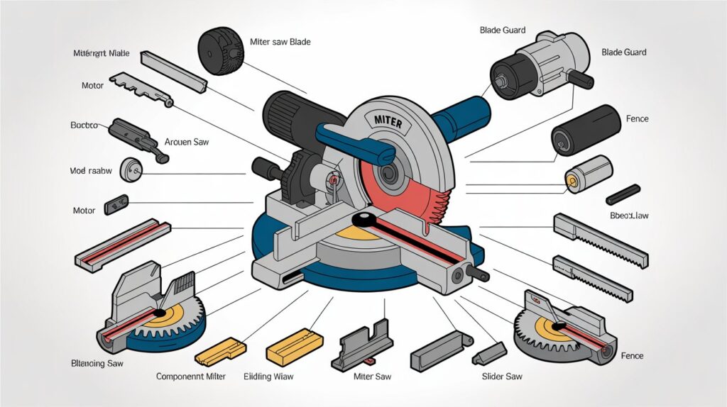 Miter saw components labeled diagram showing blade, motor, fence, and table