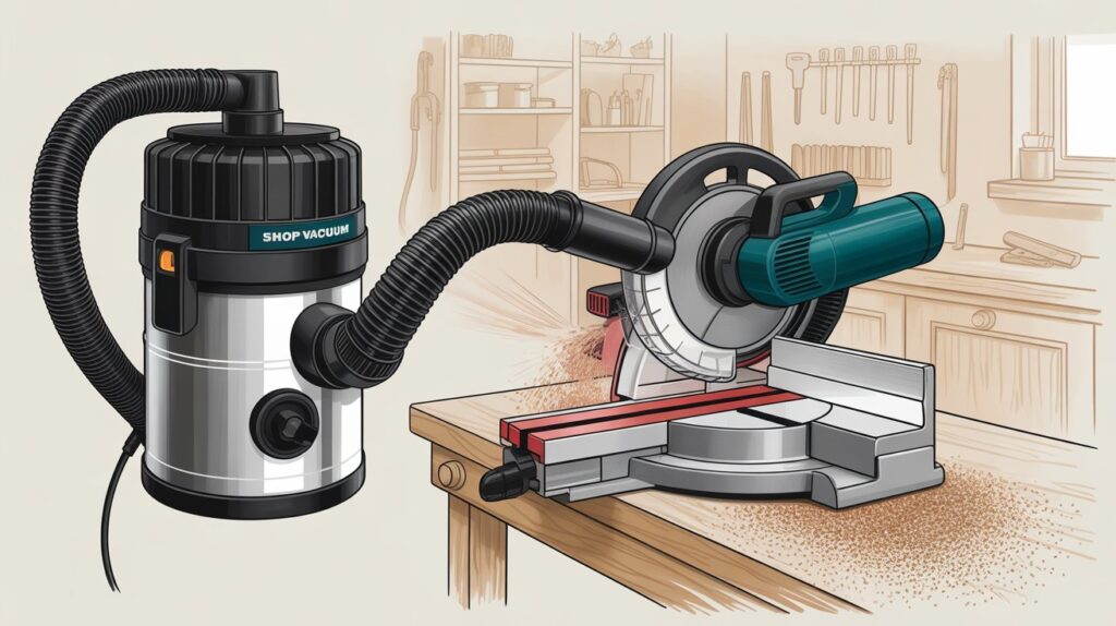 Miter saw dust collection using shop vacuum with hose and adapter connected