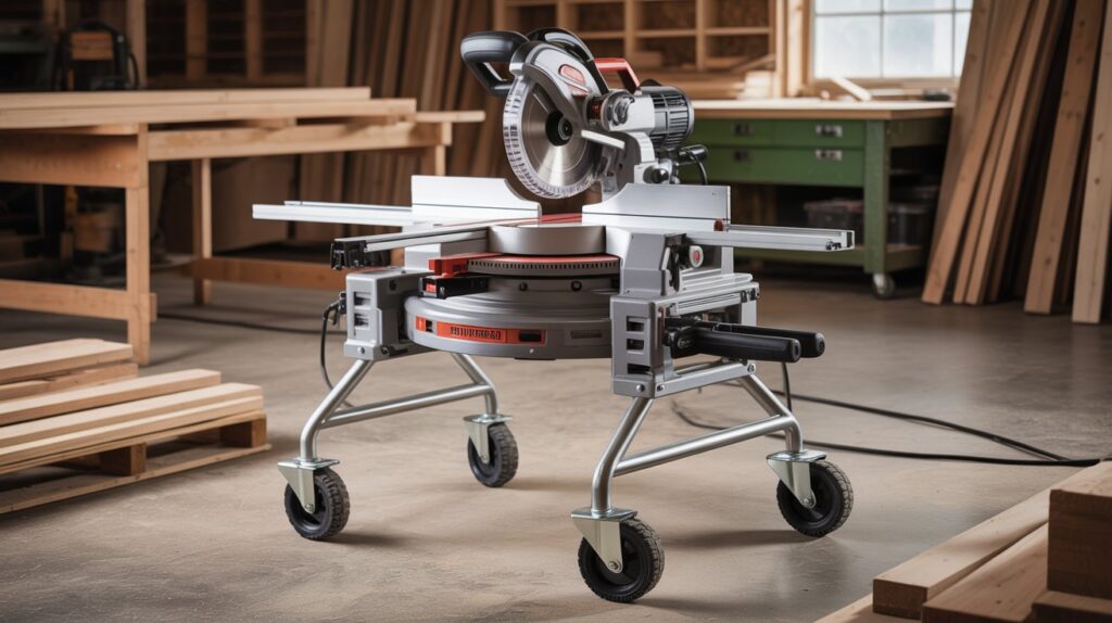Best miter saw stand rolling design with built-in wheels for easy job site movement.