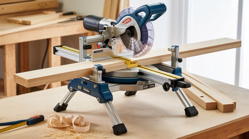 Best miter saw stand portable design with support arms for long board cutting.
