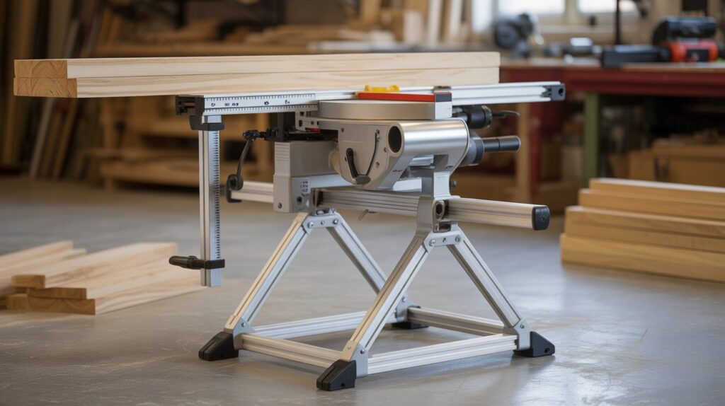 Best miter saw stand aluminum frame with adjustable height and support arms.
